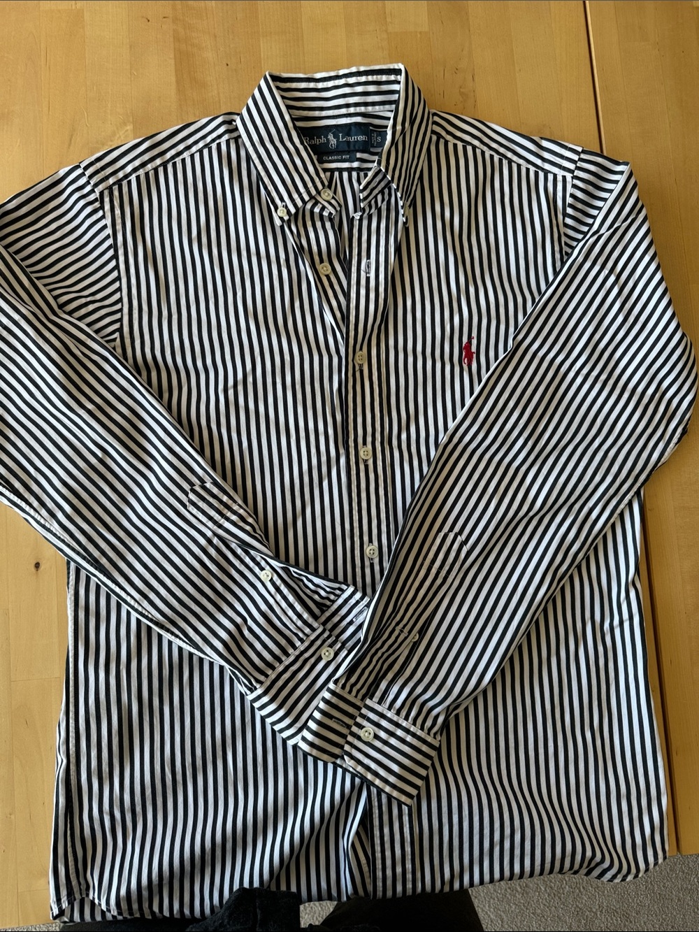 Ralph Lauren Black & White Striped Button-Down Shirt with Red Polo Logo